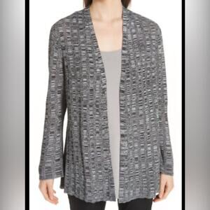 Eileen Fisher | Black and White Silk and Linen Open Front Cardigan Size S